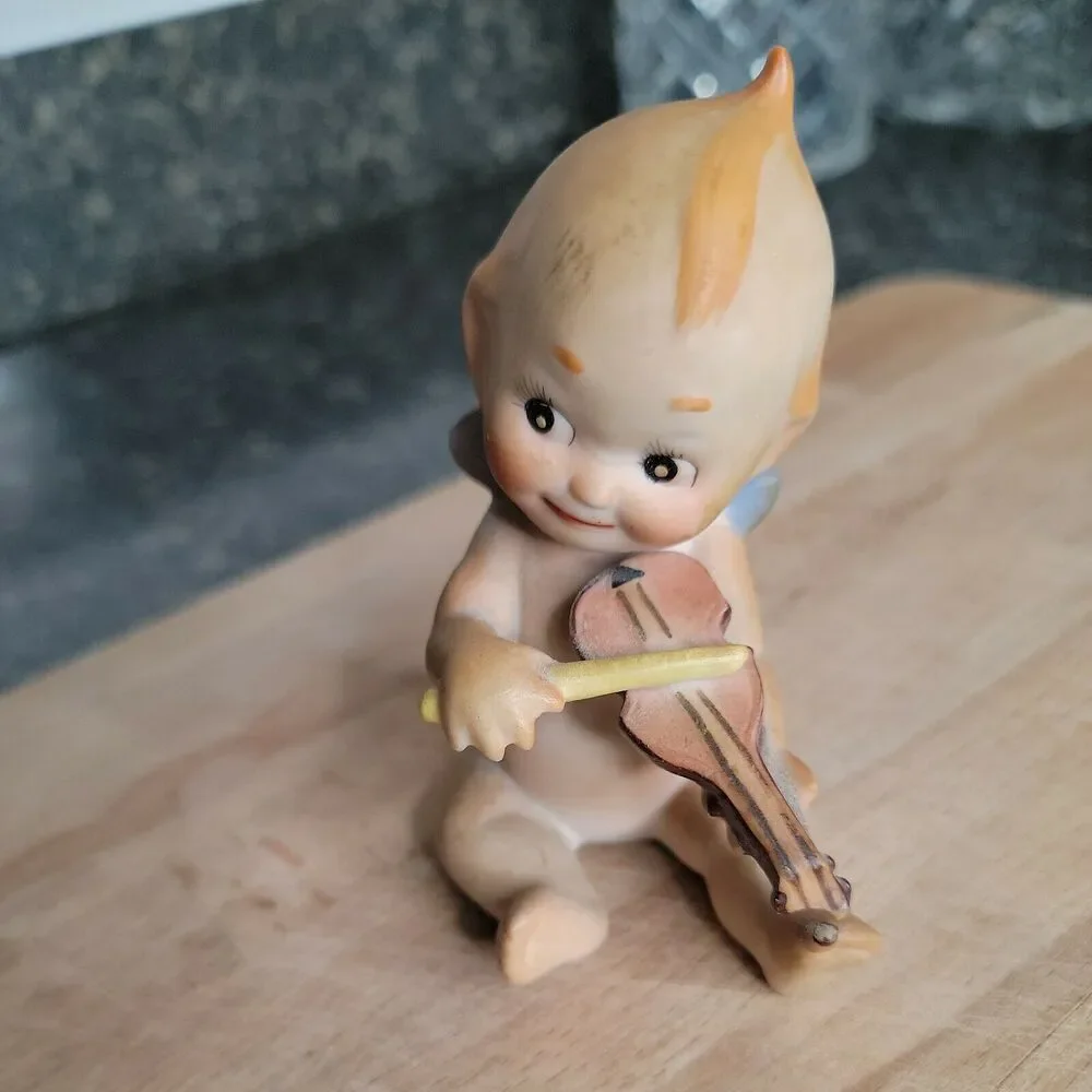 VINTAGE ARDALT JAPAN BLUE WINGED KEWPIE PORCELAIN BASS PLAYING FIGURINE #6490D